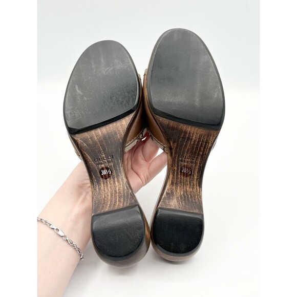 Gucci Leather & Canvas Brown Monogram Sandals w/ Wooden Sole Mule Y2K Sz EU 36.5 - Picture 11 of 13